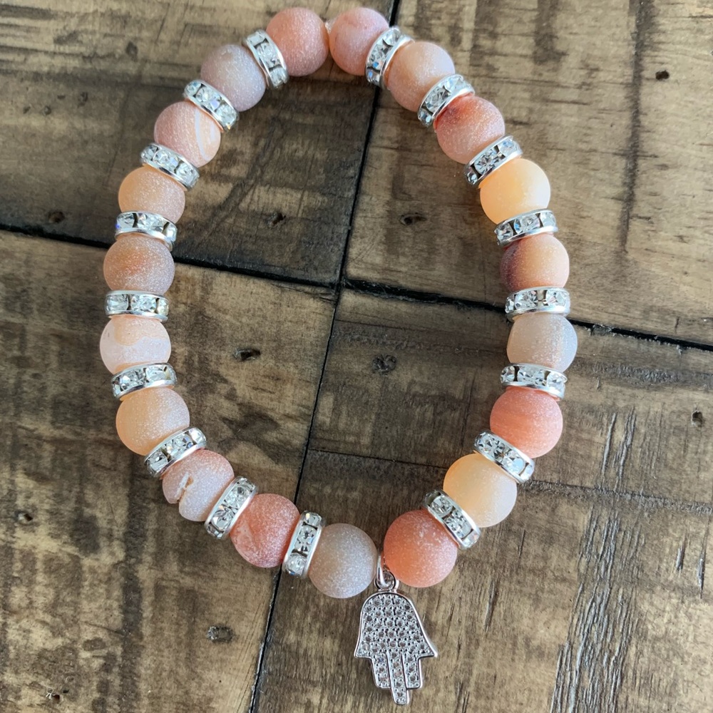8mm Orange Druzy Agate Hamsa Chakra Bracelet - Picture 4 of 4
